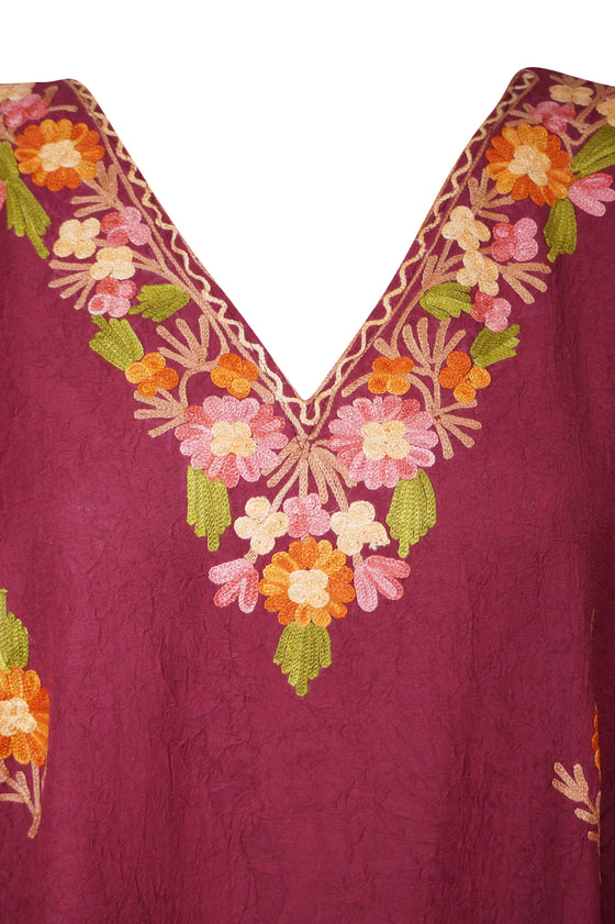 Women's Kaftan Maxi Dress Carmine Pink  Floral Embroidered Caftans L-2XL