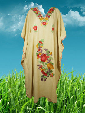 Womens Caftan Dress Beige Floral Embroidered Kaftan L-2XL