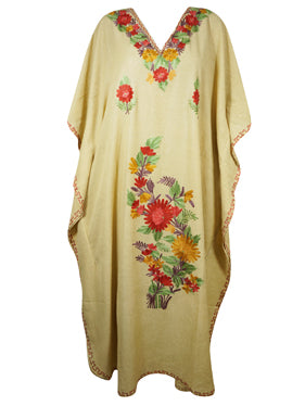 Womens Caftan Dress Beige Floral Embroidered Kaftan L-2XL