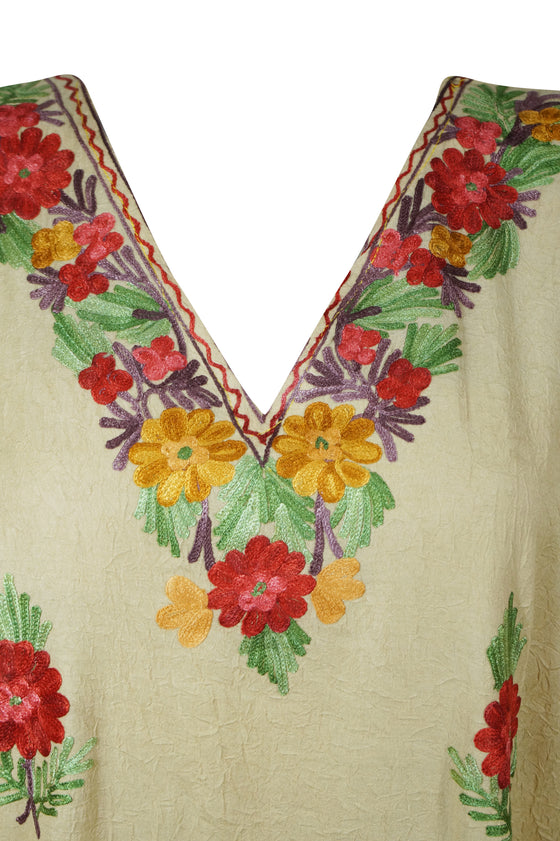 Womens Caftan Dress Beige Floral Embroidered Kaftan L-2XL