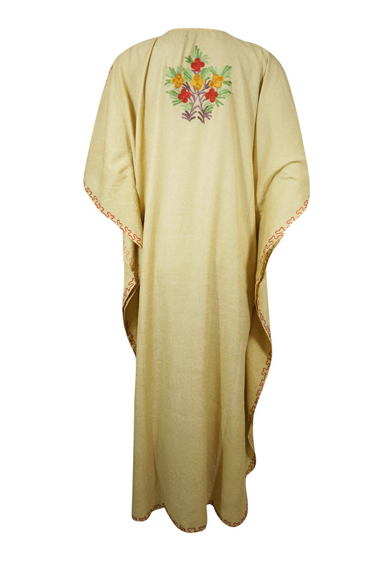 Womens Caftan Dress Beige Floral Embroidered Kaftan L-2XL