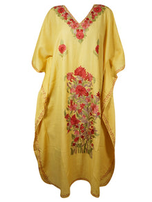 Women's Kaftan Maxi Dress, Yellow Embroidered Caftans  L-2XL
