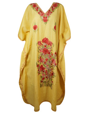 Women's Kaftan Maxi Dress, Yellow Embroidered Caftans  L-2XL