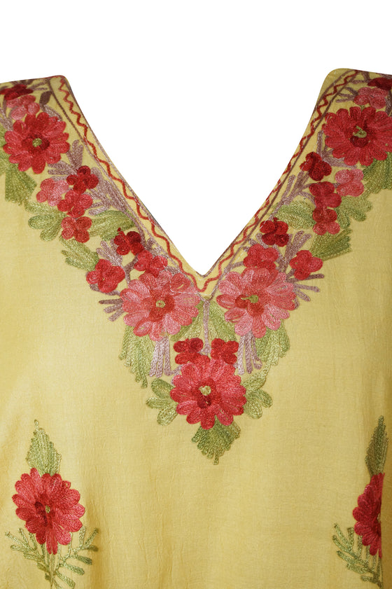 Women's Kaftan Maxi Dress, Yellow Embroidered Caftans  L-2XL