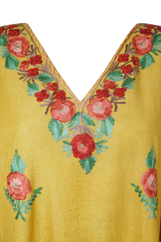 Womens Caftan Dress Yellow Floral Embroidered Kaftan L-2XL