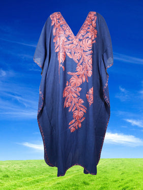 Womens Loose Kaftan Berry Blue Embroidered Dress L-2XL