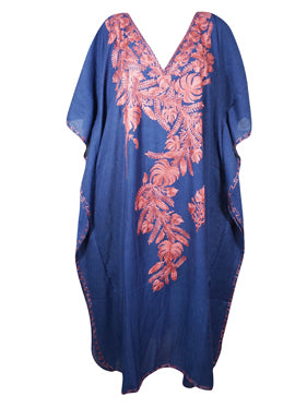 Womens Loose Kaftan Berry Blue Embroidered Dress L-2XL