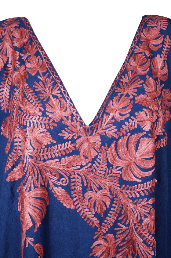 Womens Loose Kaftan Berry Blue Embroidered Dress L-2XL