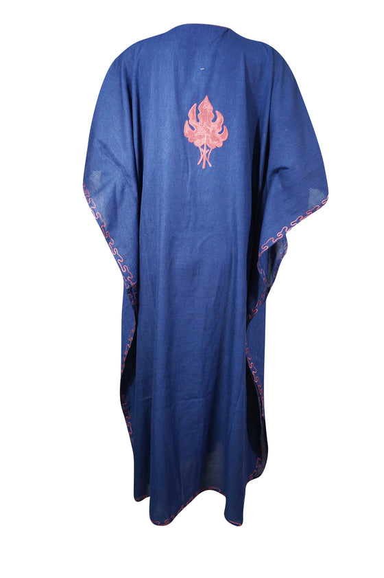Womens Loose Kaftan Berry Blue Embroidered Dress L-2XL