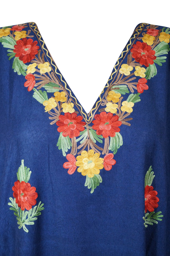Bohemian Maxi Kaftan Muumuu Navy Blue Embroidered Caftan Dress, L-2XL