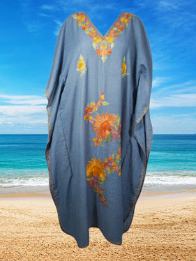 Womens Loose Kaftan Blue Luxury Embroidered Caftan L-2XL