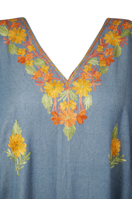 Womens Loose Kaftan Blue Luxury Embroidered Caftan L-2XL