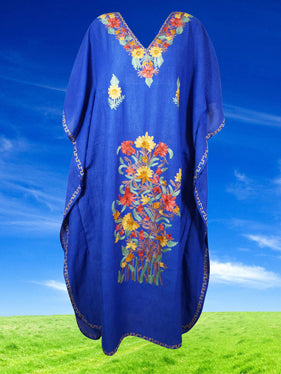 Women's Kaftan Maxi Dress Navy Blue Embroidered Caftans L-2XL