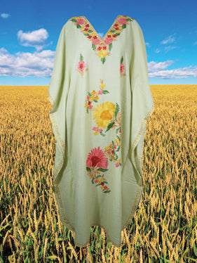 Women's Kaftan Maxi Dress Green Embroidered Caftans L-2XL