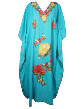 Womens Travel Maxi Dresses, Sky Blue Embroidered Caftan L-2XL