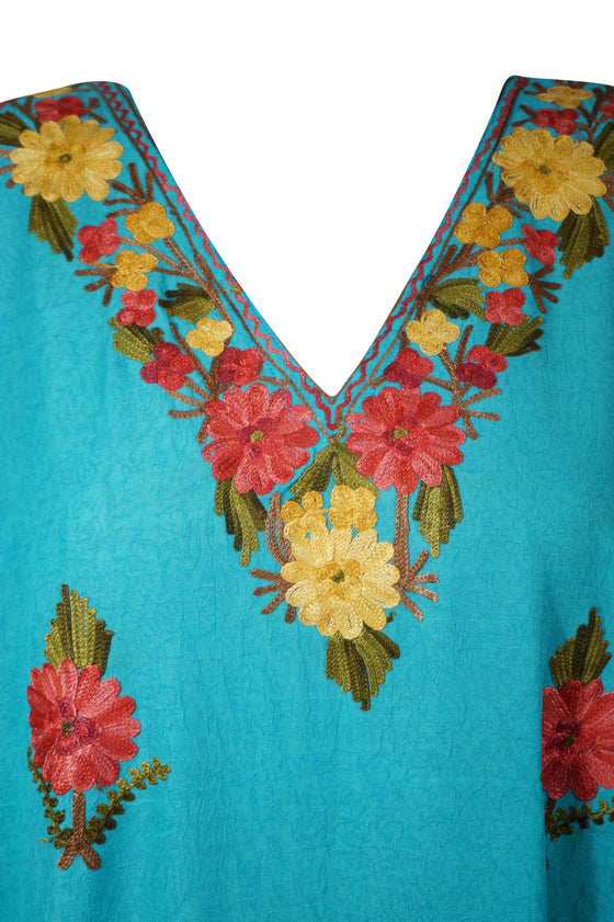 Womens Travel Maxi Dresses, Sky Blue Embroidered Caftan L-2XL