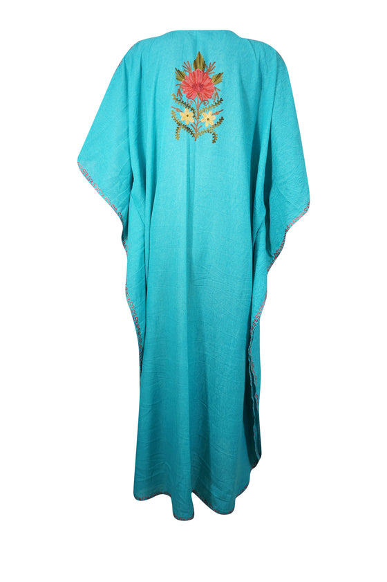 Womens Travel Maxi Dresses, Sky Blue Embroidered Caftan L-2XL