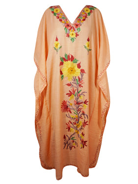 Womens  Kashmiri Kaftan Coral Peach Floral Embroidery Caftan L-2XL