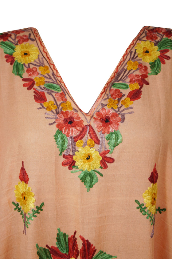 Womens  Kashmiri Kaftan Coral Peach Floral Embroidery Caftan L-2XL