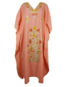  Womens Embroidered Kashmiri Kaftan Coral Peach Floral Caftan L-2XL