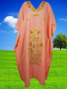 Womens Coral Peach Floral Embroidered Caftan L-2XL