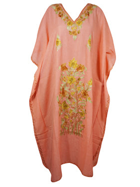 Womens Coral Peach Floral Embroidered Caftan L-2XL