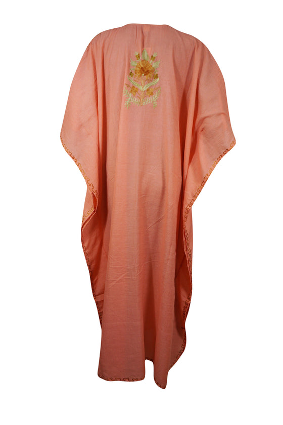 Womens Coral Peach Floral Embroidered Caftan L-2XL