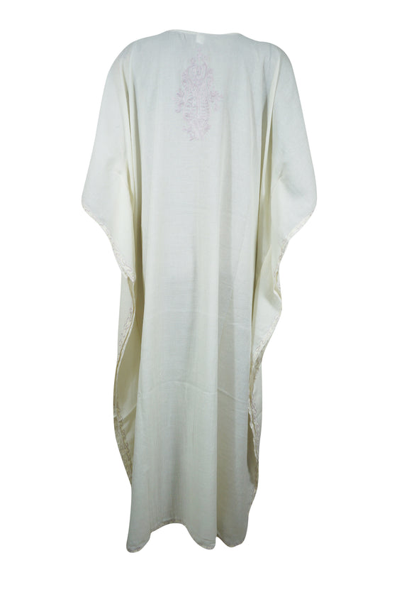 Women's Travel Caftan Creamy White Embroidered Dress L-2XL