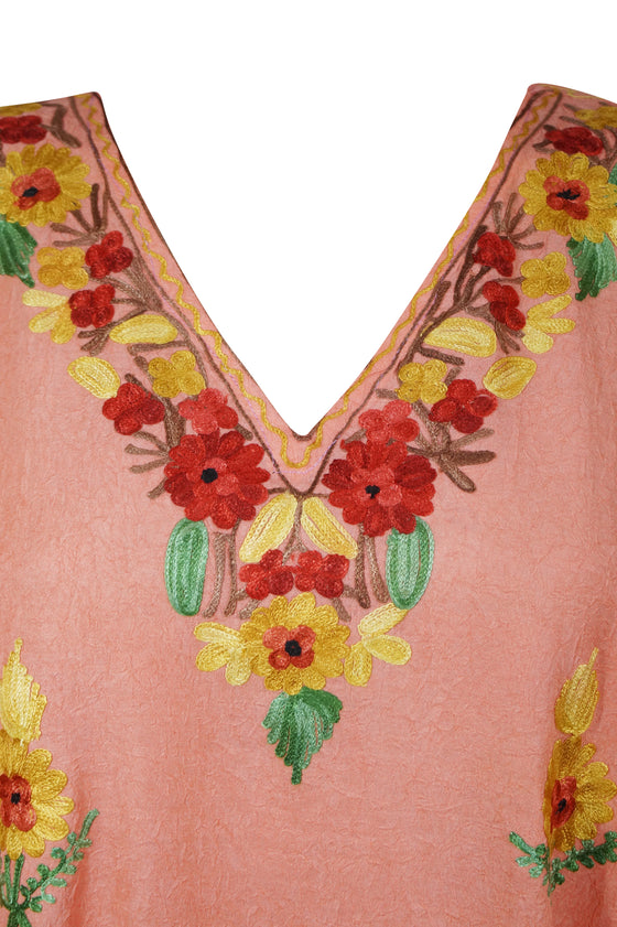 Womens Kashmiri Coral Peach Floral Embroidery Caftan L-2XL