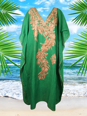 Women's Kaftan Maxi Dress Green Embroidered Beach Coverup Caftan L-2XL