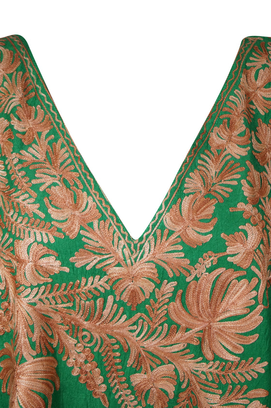Women's Kaftan Maxi Dress Green Embroidered Beach Coverup Caftan L-2XL