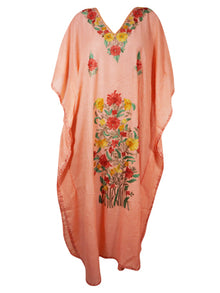  Womens Peach Floral Embroidered Caftan, Butterfly Maxidress  L-2XL