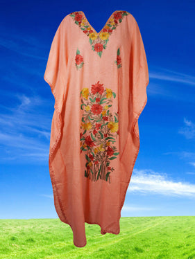 Womens Peach Floral Embroidered Caftan, Butterfly Maxidress  L-2XL