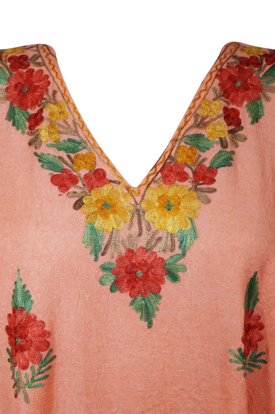 Womens Peach Floral Embroidered Caftan, Butterfly Maxidress  L-2XL