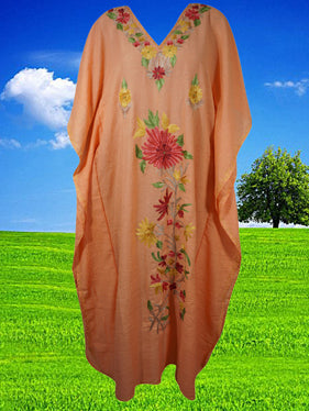 Women Kimono Kaftan Embroidered Peach Kaftan Maxi Dress L-2XL