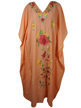 Women Kimono Kaftan Embroidered Peach Kaftan Maxi Dress L-2XL