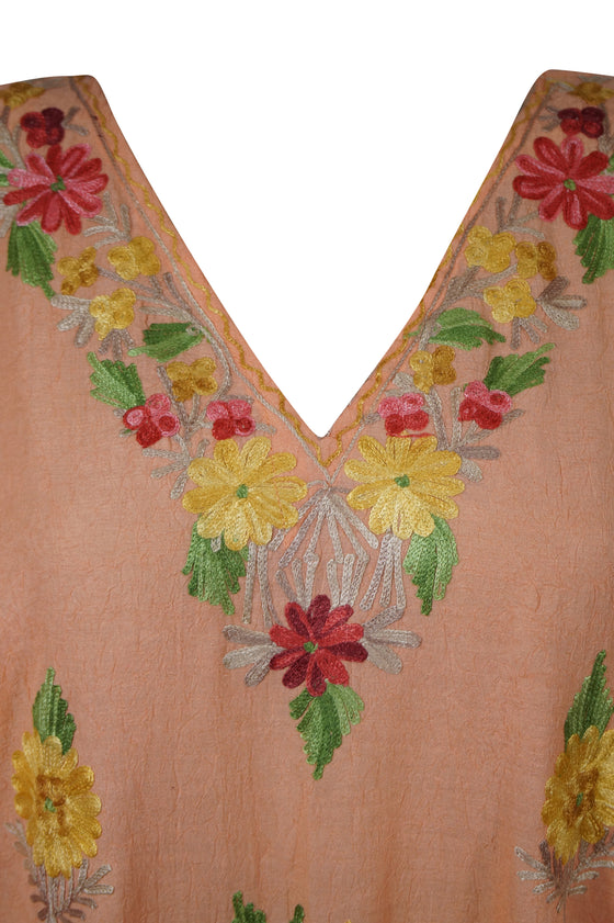 Women Kimono Kaftan Embroidered Peach Kaftan Maxi Dress L-2XL
