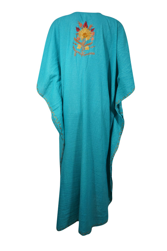 Blue Kaftan Muumuu dress, Floral embroidered caftan L-3X