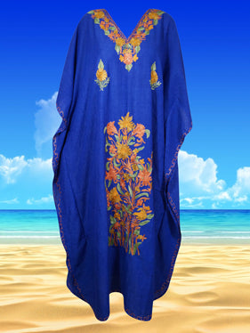 Women's Beach Maxi Dress, Navy Blue Embroidered Caftan L-2XL