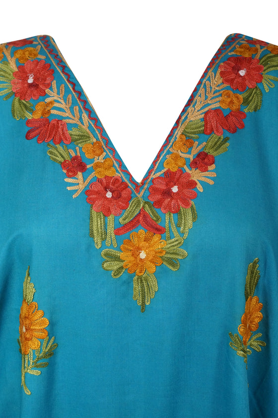 Blue Kaftan Muumuu Dress, Embroidered Maxi Caftan L-2XL