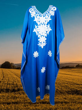 Women's Kaftan Maxi Dress, Navy Blue Beach Embroidered Caftans, L-2XL