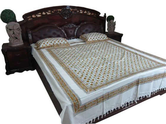 Indian Bedspread Orange White Paisley Cotton Bedding with Pillows