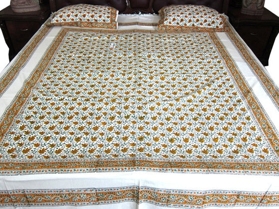 Indian Bedspread Orange White Paisley Cotton Bedding with Pillows