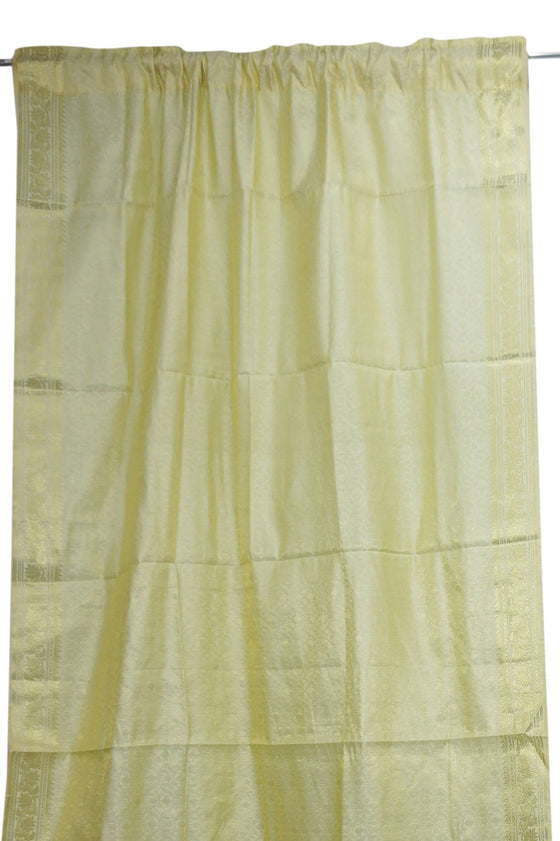 Pair of Indian Sari Curtains – Gold Cream Drape Panels, Handmade Bed Canopy Curtains