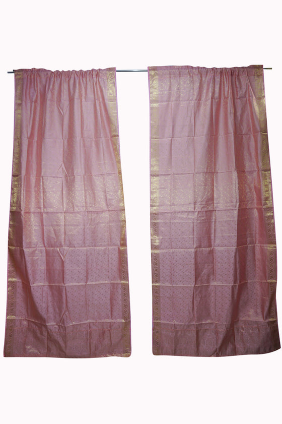 Pair of Rose Pink Gold Brocade Sari Curtains – Elegant Rod Pocket Drapes for Boho Chic  96