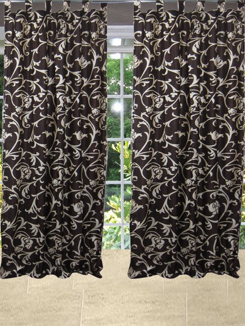 Brown Leaf Scroll Curtain Window Panels Tab Tops
