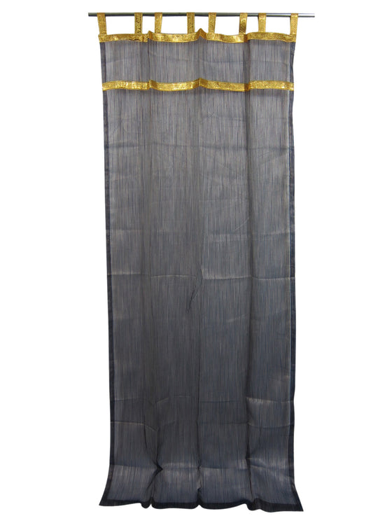 Pair of Sheer Window Curtains – Blue Gold Striped Drapes, Elegant Bed Canopy Curtains