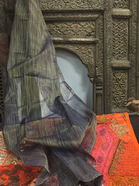 Pair of Sheer Window Curtains – Blue Gold Striped Drapes, Elegant Bed Canopy Curtains