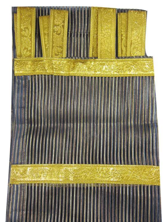 Pair of Sheer Window Curtains – Blue Gold Striped Drapes, Elegant Bed Canopy Curtains