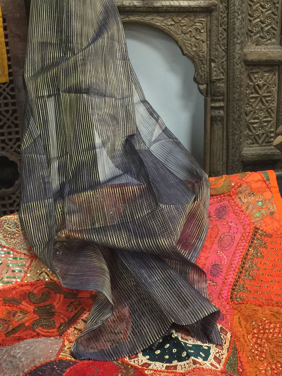 Pair of Sheer Window Curtains – Blue Gold Striped Drapes, Elegant Bed Canopy Curtains